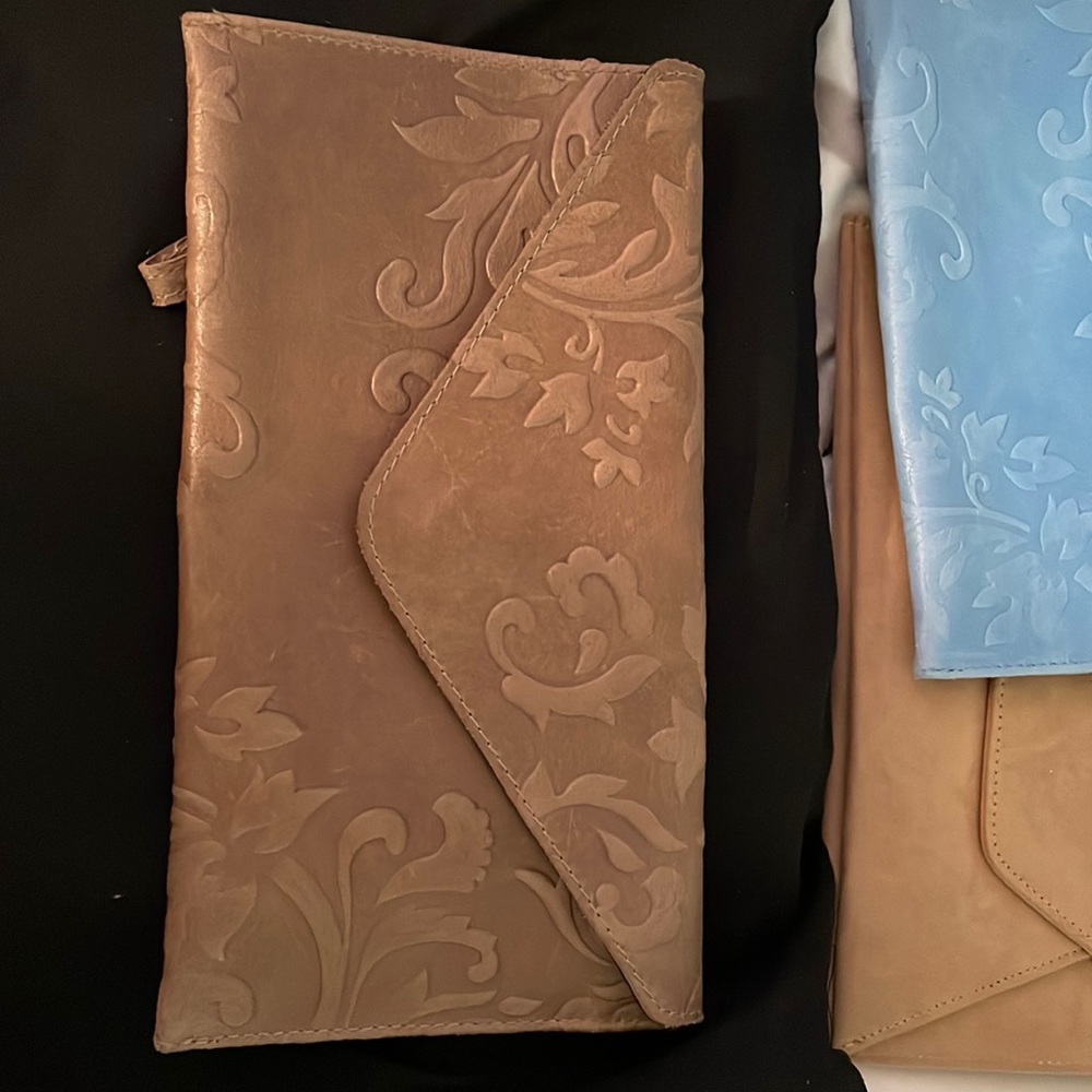 Light brown tan beige floral leather clutch